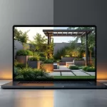 Laptop met ChatGPT-interface toont 3D tuinontwerp met moderne pergola, geometrische planters en groene beplanting