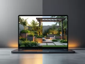 Laptop met ChatGPT-interface toont 3D tuinontwerp met moderne pergola, geometrische planters en groene beplanting