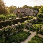 Nederlands landgoed met traditioneel herenhuis omgeven door weelderige tuinen met heggen, pergola's en stenen muren