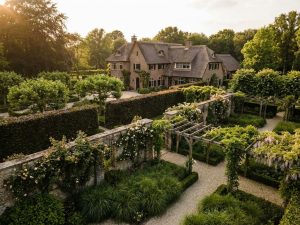 Nederlands landgoed met traditioneel herenhuis omgeven door weelderige tuinen met heggen, pergola's en stenen muren
