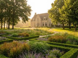 Nederlandse landgoed met klassiek landhuis omringd door uitgestrekte tuinen met geometrische en natuurlijke beplanting