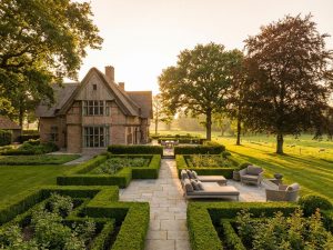 Luxe Nederlandse landhuis met professioneel ontworpen tuin, geometrische hagen en natuurstenen paden in gouden uurtje