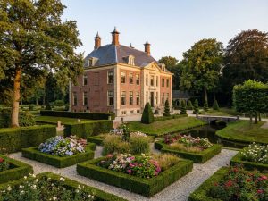 Elegant Nederlands landhuis met klassieke architectuur omringd door uitgebreide formele tuinen met heggen en bloembedden