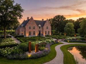 Elegant Nederlands landhuis met klassieke architectuur omgeven door uitgestrekte formele tuinen met heggen en paden