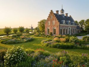 Elegante Nederlandse landgoed met landhuis en uitgestrekte tuin vol inheemse planten in gouden avondlicht