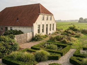 Nederlandse landhuis met crèmekleurige gevel en rode dakpannen, omringd door tuin met goede en slechte ontwerpvoorbeelden