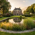 Nederlands landhuis met klassieke architectuur omgeven door tuinarchitectuur met vijver, gazon en volwassen bomen