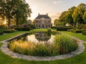 Nederlands landhuis met klassieke architectuur omgeven door tuinarchitectuur met vijver, gazon en volwassen bomen