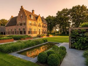 Nederlandse landhuis met klassieke bakstenen architectuur en moderne tuinontwerp met geometrische plantvakken en stenen paden.