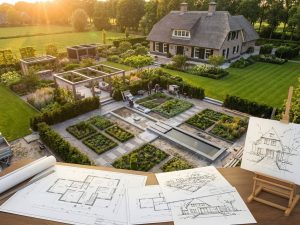 Luchtfoto van Nederlands landgoed met tuinontwerp van schets tot voltooide tuin met pergola's en waterpartijen