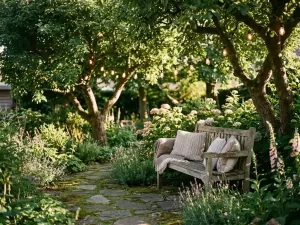 Gezellige Nederlandse tuinhoek met houten bank, bloeiende vaste planten en warme sfeerverlichting tussen bomen