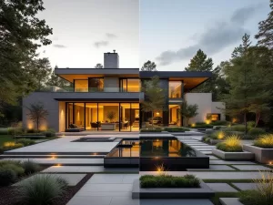 Moderne architectuur en tuinontwerp in gouden uurtje: geometrische lijnen, glazen ramen, waterpartij en gestructureerde beplanting