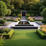 Moderne cottage tuin met buxus borders, lavendel en rozen rond eigentijdse waterelement, natuurstenen paden in gouden licht