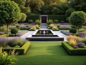 Moderne cottage tuin met buxus borders, lavendel en rozen rond eigentijdse waterelement, natuurstenen paden in gouden licht