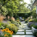 Moderne cottage tuin met geometrische plantenbedden, siergrassen, kleurrijke vaste planten en stenen paden