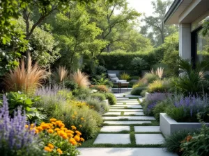 Moderne cottage tuin met geometrische plantenbedden, siergrassen, kleurrijke vaste planten en stenen paden