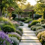 Moderne cottage tuin met geometrische borders, lavendel en rozen, houten pergola en gouden avondlicht