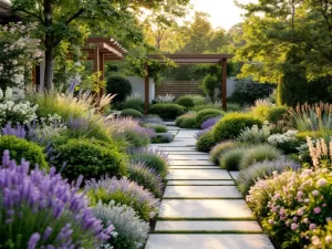 Moderne cottage tuin met geometrische borders, lavendel en rozen, houten pergola en gouden avondlicht