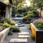 Moderne cottage tuin met stenen paden, vaste planten, lavendel en waterpartij in gouden avondlicht
