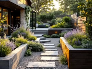 Moderne cottage tuin met stenen paden, vaste planten, lavendel en waterpartij in gouden avondlicht