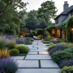 Moderne cottage tuin met natuursteen paden, weelderige borders, pergola en gouden uurtje verlichting