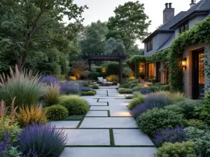 Moderne cottage tuin met natuursteen paden, weelderige borders, pergola en gouden uurtje verlichting