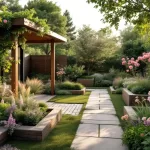 Moderne cottage tuin met verhoogde bedden, pergola met klimrozen en stenen paden in gouden uurtje verlichting