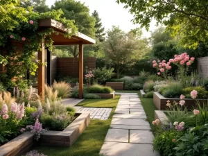 Moderne cottage tuin met verhoogde bedden, pergola met klimrozen en stenen paden in gouden uurtje verlichting