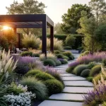 Moderne cottage tuin met geometrische plantenbedden, pergola en weelderige vaste planten in gouden avondlicht