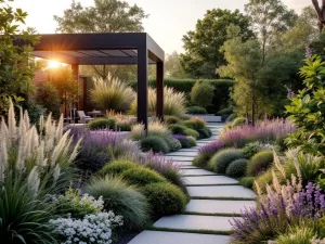 Moderne cottage tuin met geometrische plantenbedden, pergola en weelderige vaste planten in gouden avondlicht