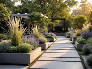 Moderne cottage tuin met geometrische plantenbakken, lavendel, siergrassen en stenen paden in gouden avondlicht