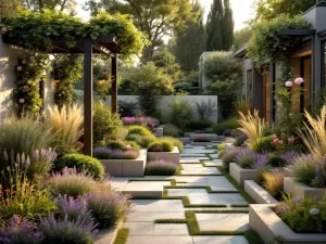 Moderne cottage tuin met geometrische plantenbedden, pergola met klimrozen en natuurstenen paden in gouden avondlicht