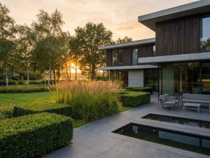 Moderne Nederlandse villa met grote ramen en hedendaagse tuin met geometrische hagen en natuursteen terras