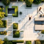 Luchtfoto van moderne tuinontwerp met geometrische paden, groene beplanting en architecturale tekeningen bij gouden uurtje