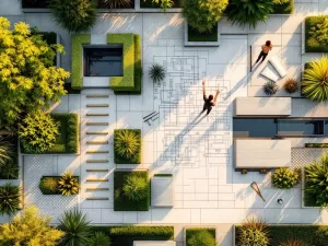 Luchtfoto van moderne tuinontwerp met geometrische paden, groene beplanting en architecturale tekeningen bij gouden uurtje