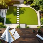 Luchtfoto van moderne tuinontwerp met geometrische paden en groene landschapsarchitectuur, architecturale tekengereedschappen op voorgrond