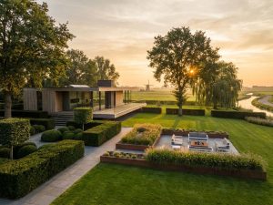 Moderne Nederlandse villa met elegante architectuur en professioneel aangelegde tuin in gouden avondlicht