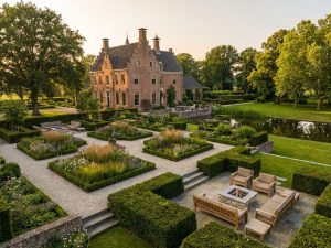 Elegant Nederlands landhuis met klassieke architectuur omgeven door geometrische tuinen en natuursteen terrassen
