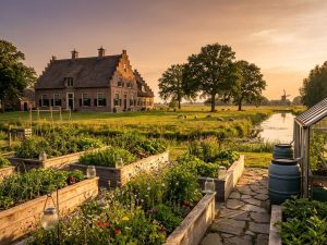 Nederlands landhuis met traditionele architectuur omgeven door duurzame tuin met wilde bloemen en zonnepanelen