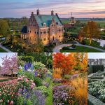Elegant Nederlands landhuis met klassieke architectuur omringd door prachtig ontworpen vierseizoenentuin met gebogen paden