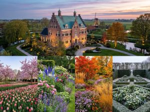 Elegant Nederlands landhuis met klassieke architectuur omringd door prachtig ontworpen vierseizoenentuin met gebogen paden