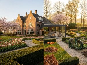 Nederlands landhuis met klassieke architectuur omringd door uitgebreide tuinen met lente- en herfstbeplanting in gouden uurtje