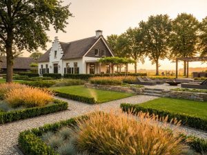 Wit landhuis met traditionele Nederlandse architectuur omgeven door onderhoudsvriendelijke tuin met siergras en terrassen