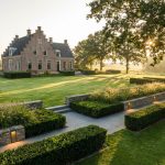 Elegante Nederlandse landhuis met moderne tuinarchitectuur, gemanicuurde gazons en hedging in gouden avondlicht