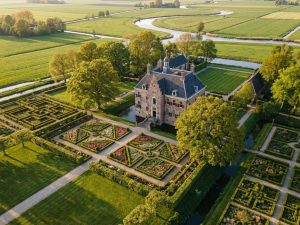 Luchtfoto van elegante Nederlandse villa met geometrische tuinen, kleurrijke bloembedden en weelderig landschap