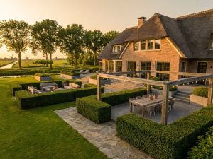 Luxe Nederlandse villa met uitgebreide tuinen, moderne buitenmeubels, pergola en stenen paden in gouden avondlicht