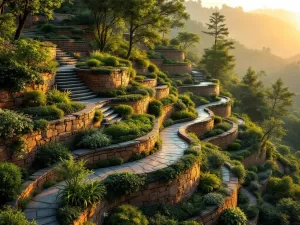 Terrasvormige tuin met natuurstenen keermuren op hellend terrein, weelderige beplanting en kronkelend pad