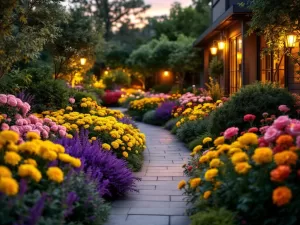 Kleurrijke tuinontwerp met paarse lavendel, gele goudsbloemen, roze rozen en groene bladeren langs modern tuinpad