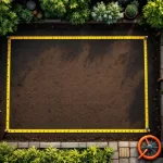 Luchtfoto van 100m² tuinplot met meetlint, donkere grond en landschapsmaterialen klaar voor aanleg