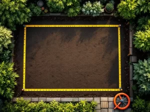 Luchtfoto van 100m² tuinplot met meetlint, donkere grond en landschapsmaterialen klaar voor aanleg